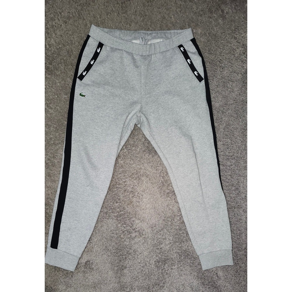 Lacoste Sport Mens Heather Grey Fleece Joggers Side Stripe Sweatpants US XL FR 6